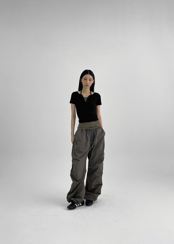 Bining Layered Stripe Halter Henley T-Shirt (S/S Ver.)
