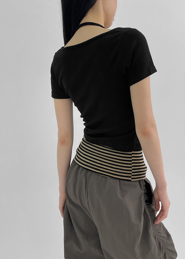Bining Layered Stripe Halter Henley T-Shirt (S/S Ver.)