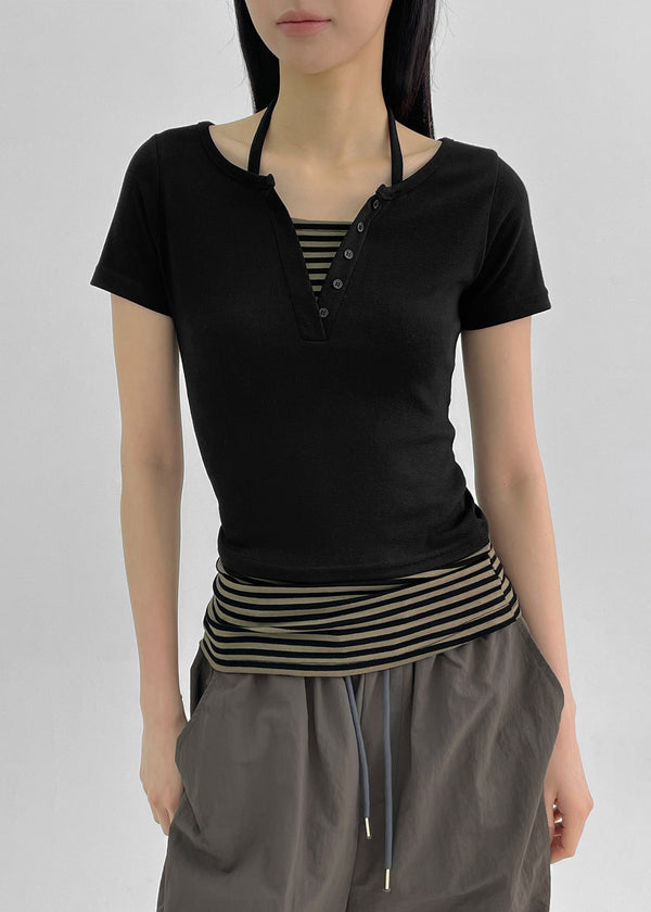 Bining Layered Stripe Halter Henley T-Shirt (S/S Ver.)