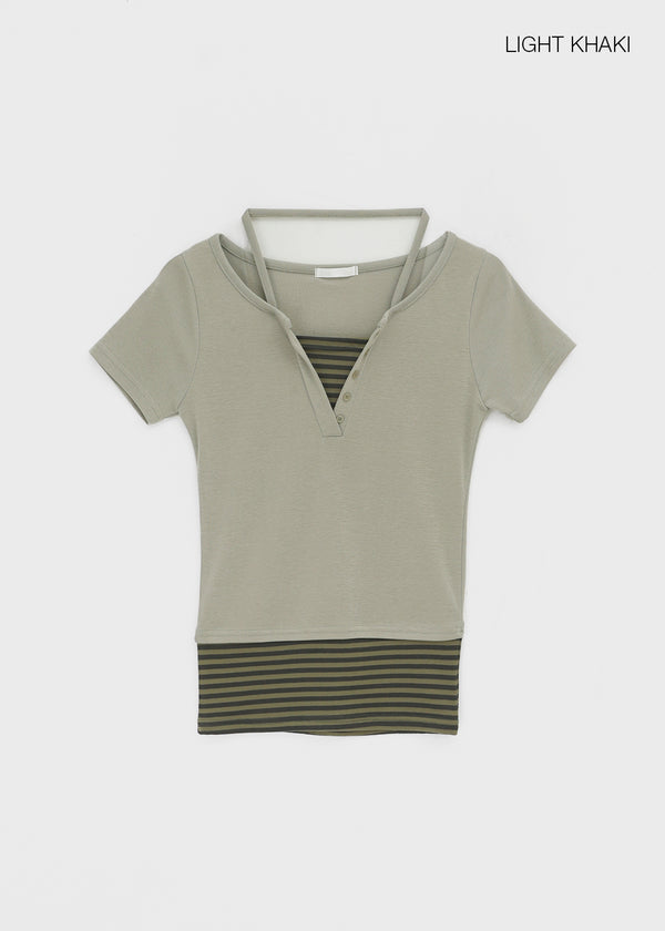 Bining Layered Stripe Halter Henley T-Shirt (S/S Ver.)