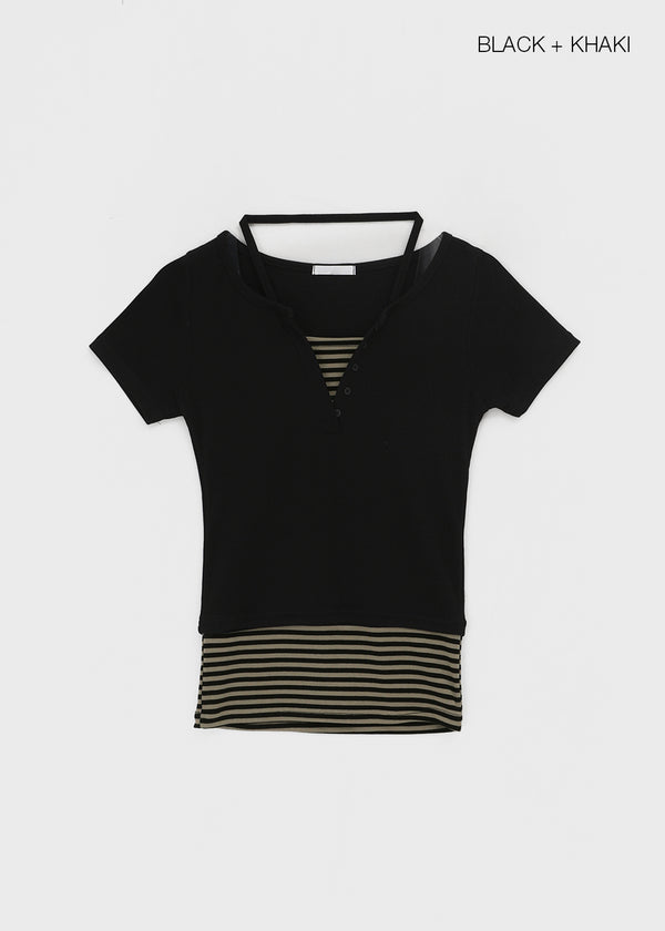 Bining Layered Stripe Halter Henley T-Shirt (S/S Ver.)