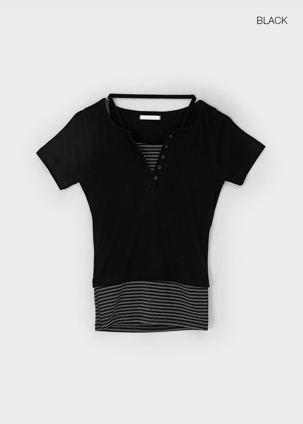 Bining Layered Stripe Halter Henley T-Shirt (S/S Ver.)