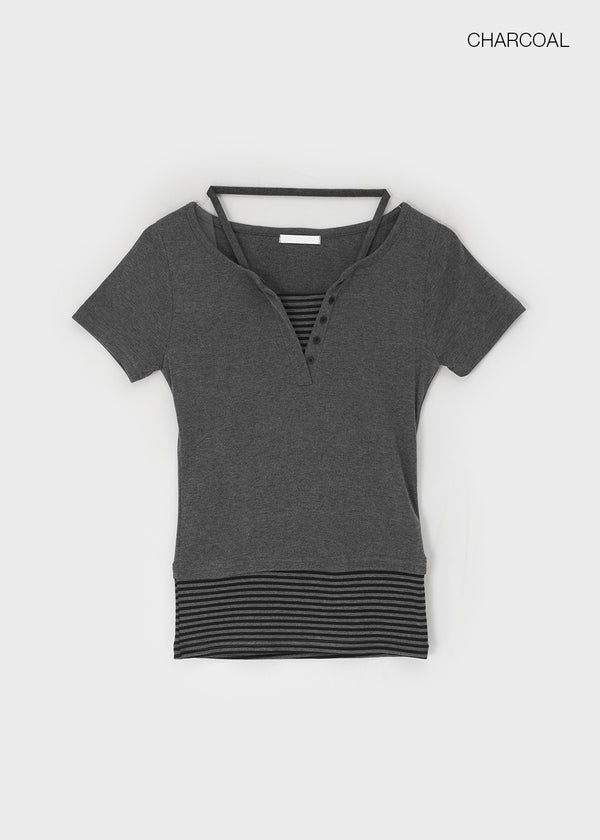 Bining Layered Stripe Halter Henley T-Shirt (S/S Ver.)