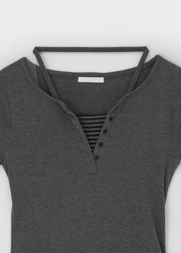 Bining Layered Stripe Halter Henley T-Shirt (S/S Ver.)
