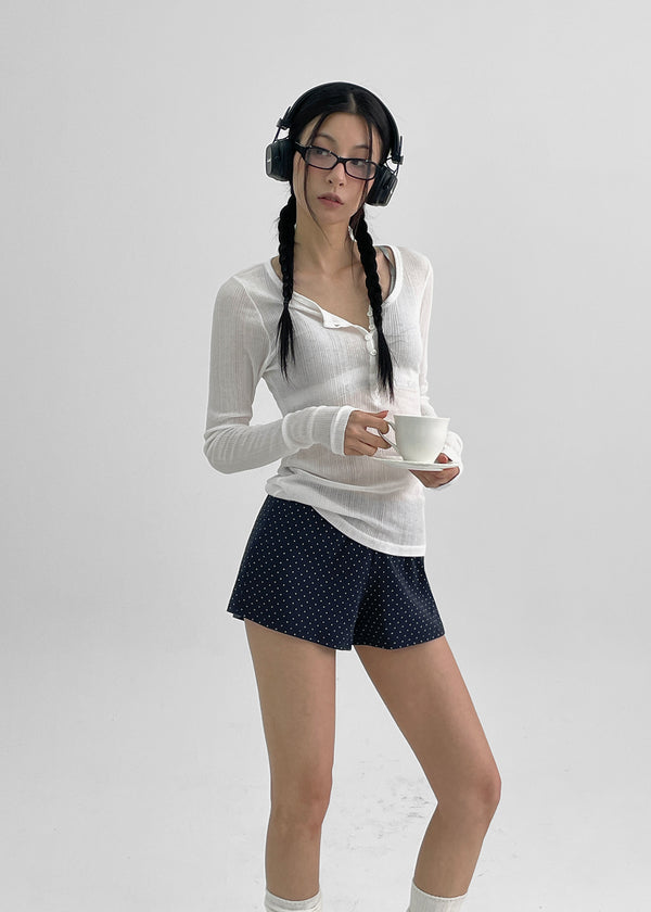 Menang Summer Tension Sheer Henley Neck Long Sleeve Tee