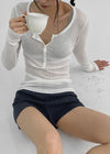 Menang Summer Tension Sheer Henley Neck Long Sleeve Tee