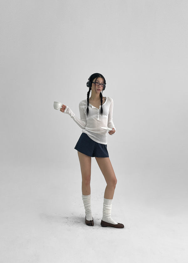 Menang Summer Tension Sheer Henley Neck Long Sleeve Tee