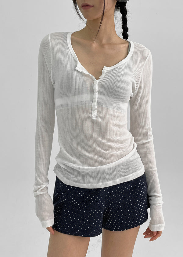 Menang Summer Tension Sheer Henley Neck Long Sleeve Tee