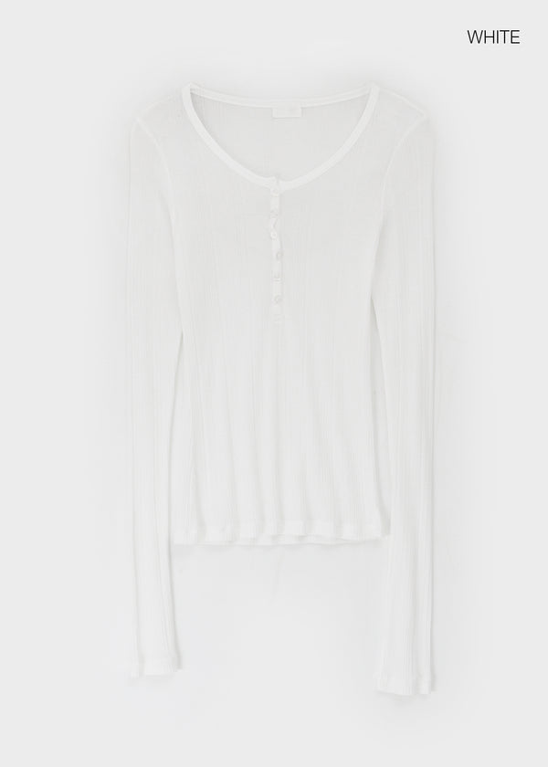 Menang Summer Tension Sheer Henley Neck Long Sleeve Tee