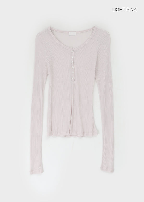 Menang Summer Tension Sheer Henley Neck Long Sleeve Tee