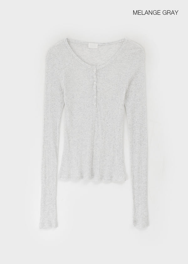 Menang Summer Tension Sheer Henley Neck Long Sleeve Tee