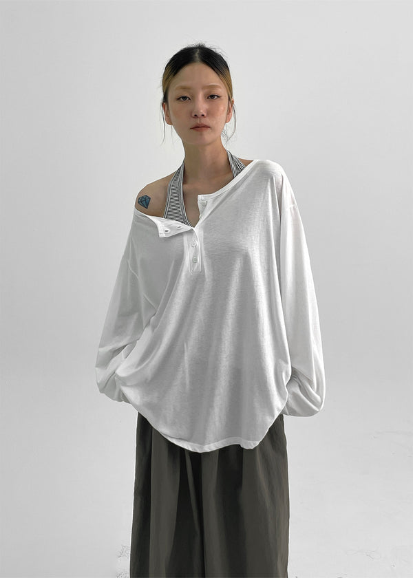 Diamon Loose Fit Henley Neck Long Sleeve Tee