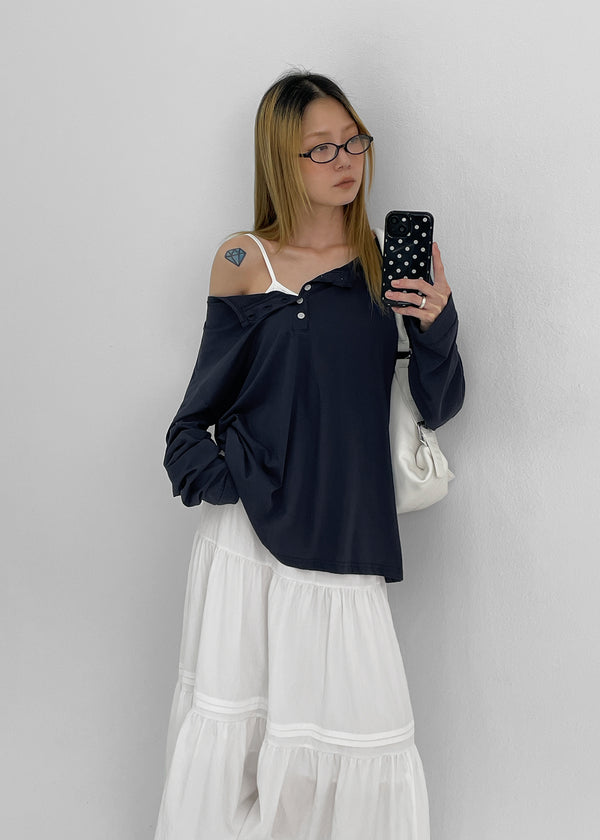 Diamon Loose Fit Henley Neck Long Sleeve Tee