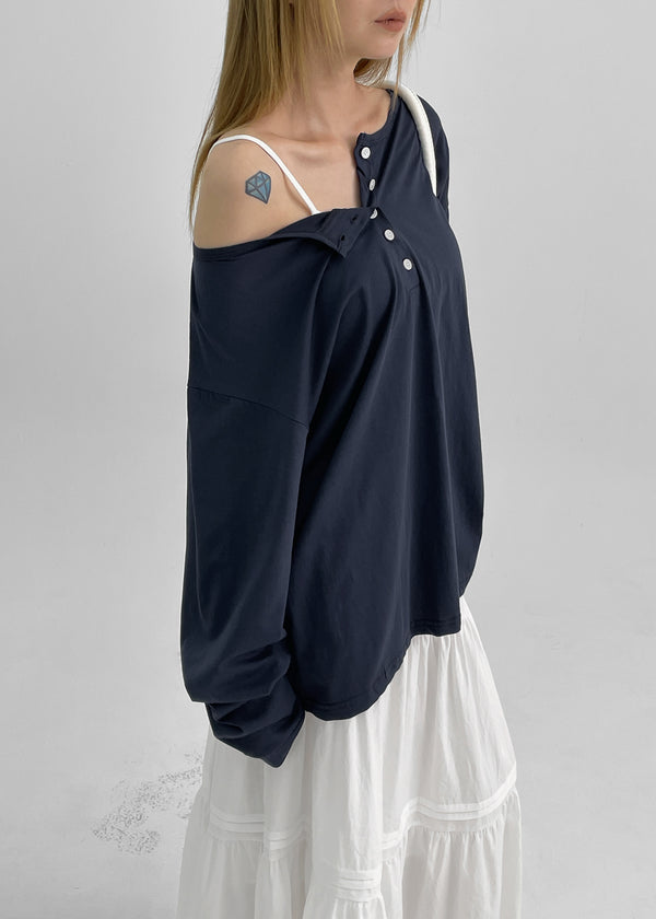 Diamon Loose Fit Henley Neck Long Sleeve Tee