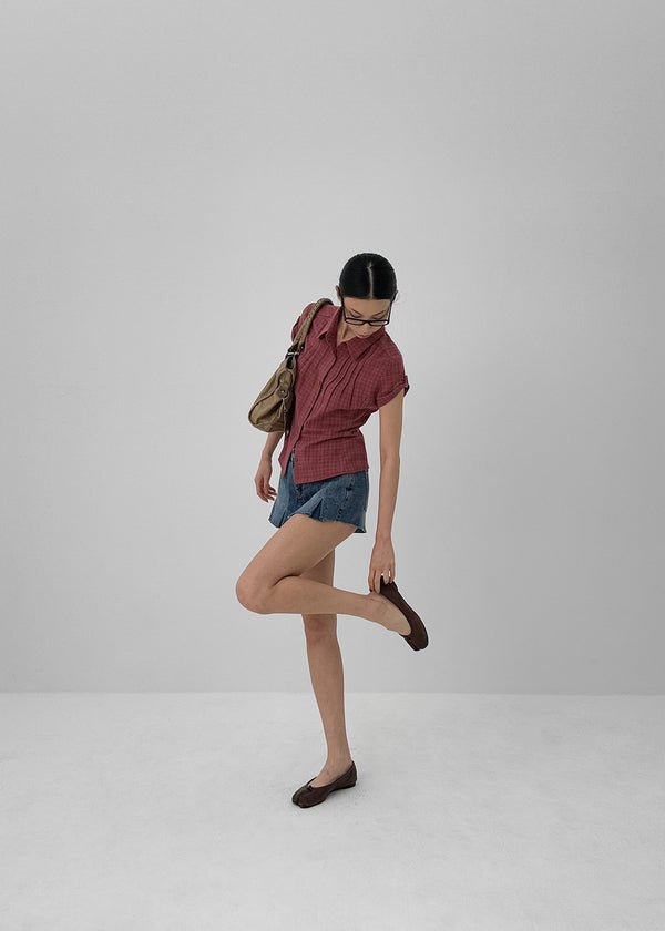 Hopo Roll-Up Short Sleeve Check Shirt (Linen 30%)