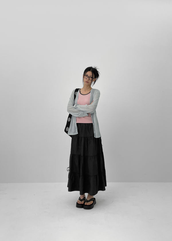 Kyoryong Ribbon Tiered Long Skirt