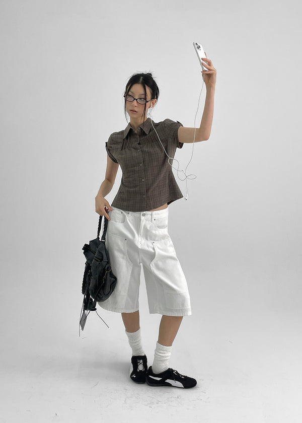 Hopo Roll-Up Short Sleeve Check Shirt (Linen 30%)