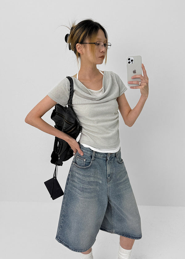 Dipping Halter Layered Shirring Short Sleeve T-shirt