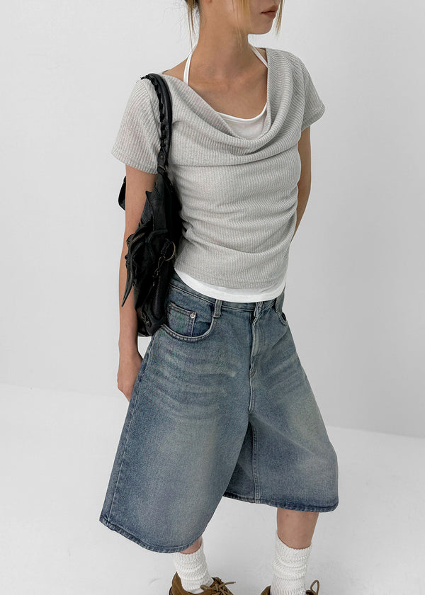 Dipping Halter Layered Shirring Short Sleeve T-shirt