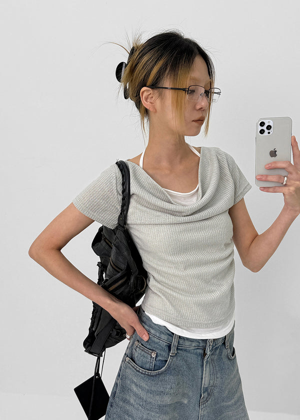 Dipping Halter Layered Shirring Short Sleeve T-shirt