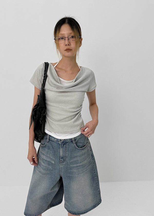 Dipping Halter Layered Shirring Short Sleeve T-shirt