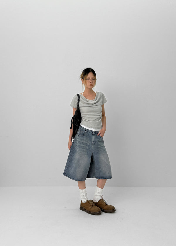 Dipping Halter Layered Shirring Short Sleeve T-shirt