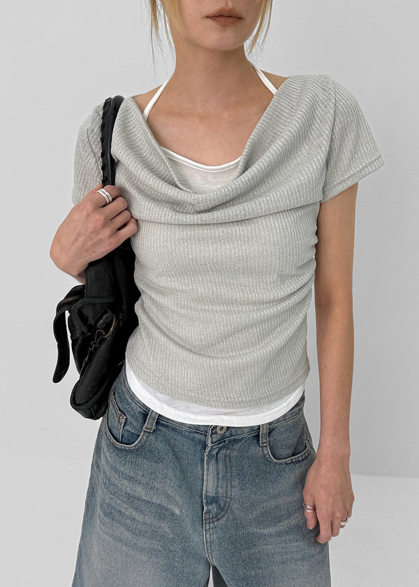 Dipping Halter Layered Shirring Short Sleeve T-shirt