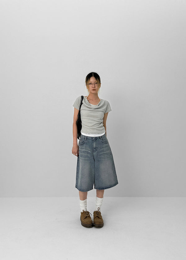 Dipping Halter Layered Shirring Short Sleeve T-shirt