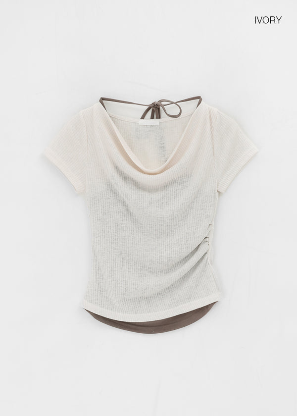 Dipping Halter Layered Shirring Short Sleeve T-shirt