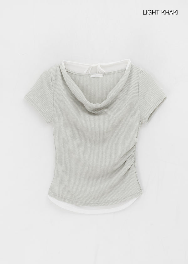 Dipping Halter Layered Shirring Short Sleeve T-shirt
