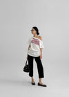 Gels Lettering Unbalanced Off-shoulder Short Sleeve T-shirt