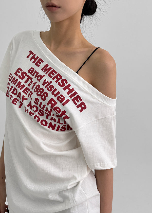 Gels Lettering Unbalanced Off-shoulder Short Sleeve T-shirt
