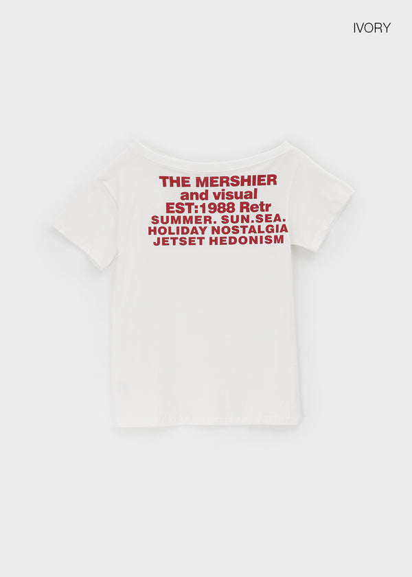 Gels Lettering Unbalanced Off-shoulder Short Sleeve T-shirt