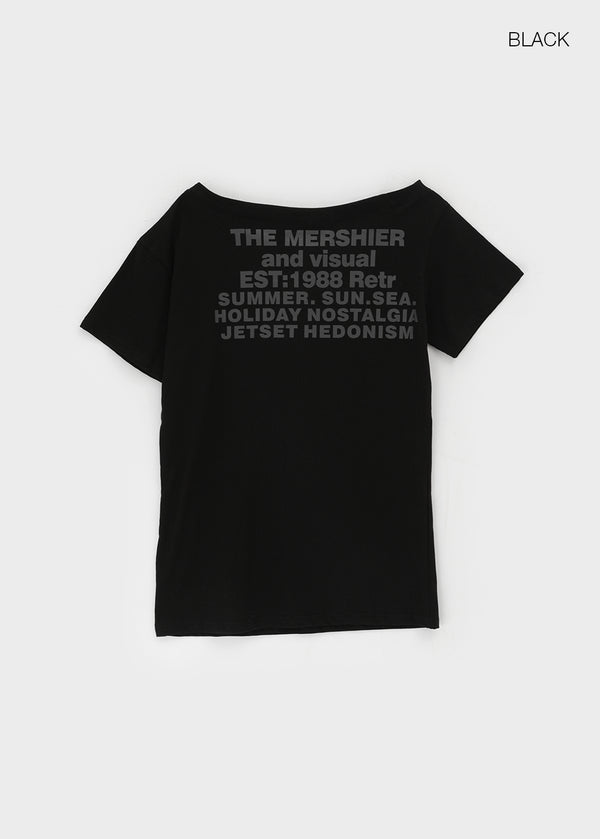 Gels Lettering Unbalanced Off-shoulder Short Sleeve T-shirt