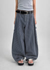 Elle Stripe Carpenter Back Banding Balloon Denim Pants