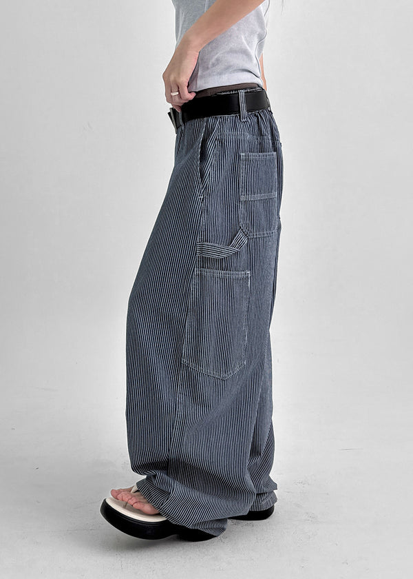 Elle Stripe Carpenter Back Banding Balloon Denim Pants
