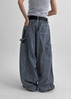 Elle Stripe Carpenter Back Banding Balloon Denim Pants