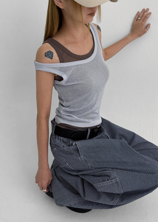 Elle Stripe Carpenter Back Banding Balloon Denim Pants