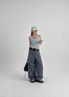 Elle Stripe Carpenter Back Banding Balloon Denim Pants