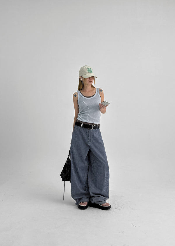Elle Stripe Carpenter Back Banding Balloon Denim Pants