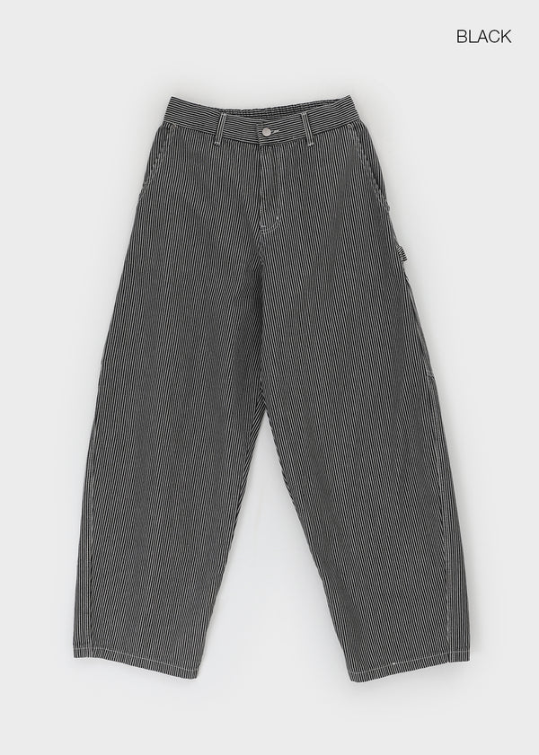 Elle Stripe Carpenter Back Banding Balloon Denim Pants