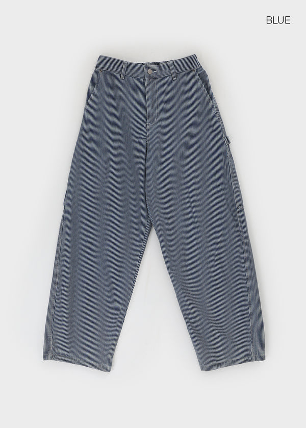 Elle Stripe Carpenter Back Banding Balloon Denim Pants