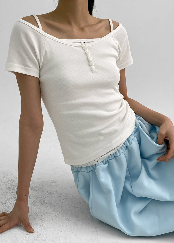 Belten Henley Neck Button Deep U-neck Short Sleeve T-shirt