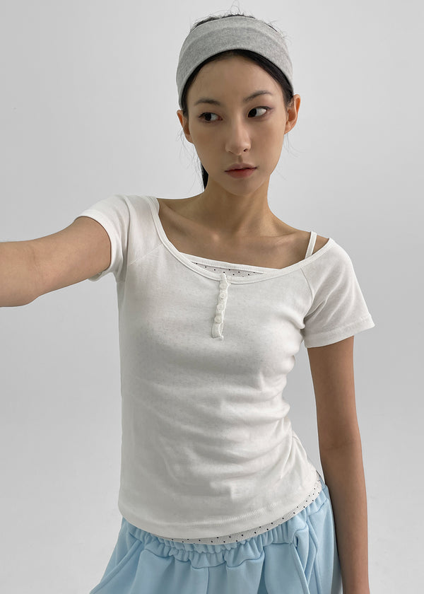 Belten Henley Neck Button Deep U-neck Short Sleeve T-shirt