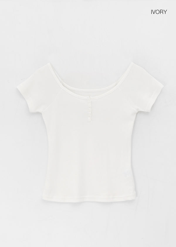 Belten Henley Neck Button Deep U-neck Short Sleeve T-shirt