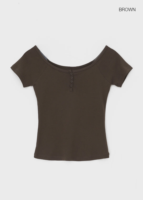 Belten Henley Neck Button Deep U-neck Short Sleeve T-shirt