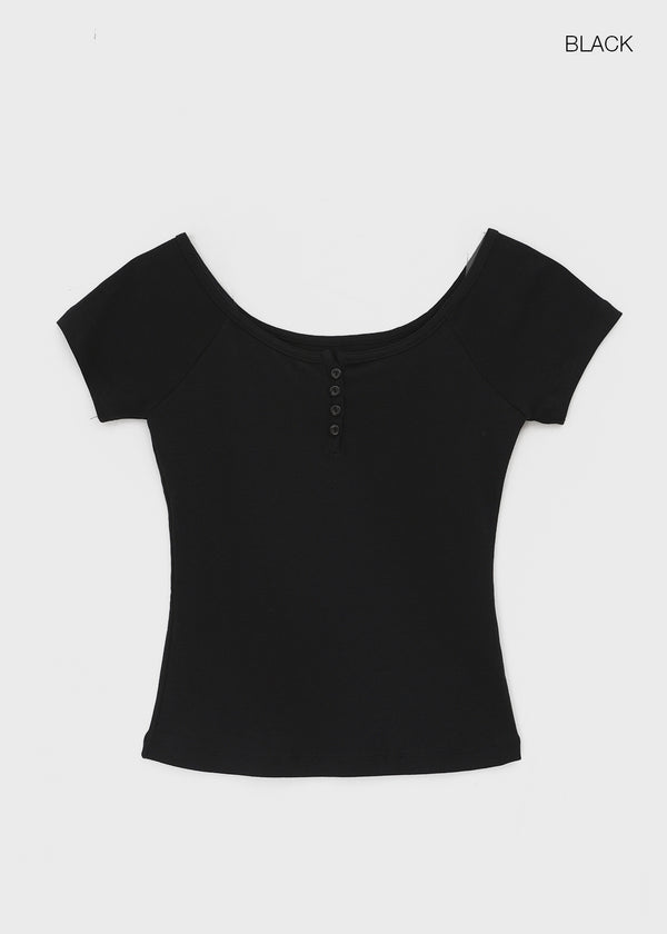 Belten Henley Neck Button Deep U-neck Short Sleeve T-shirt