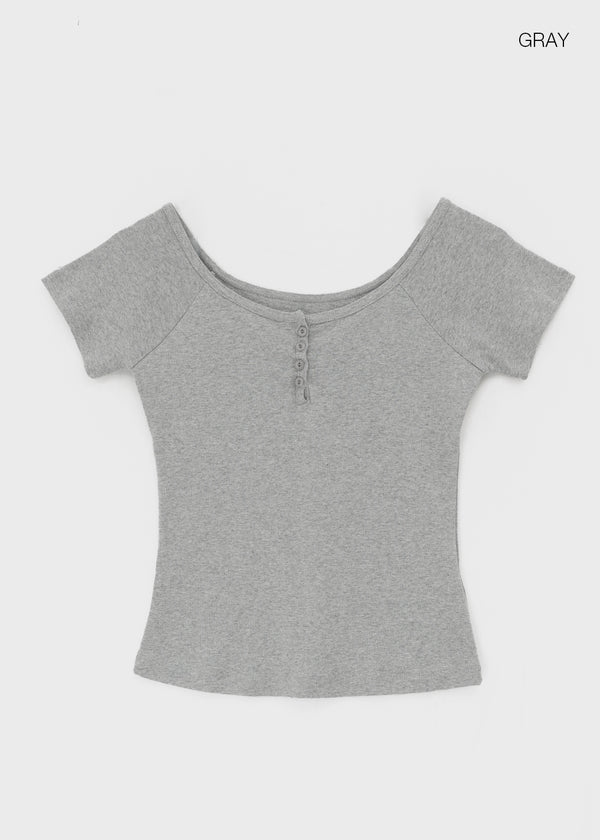 Belten Henley Neck Button Deep U-neck Short Sleeve T-shirt