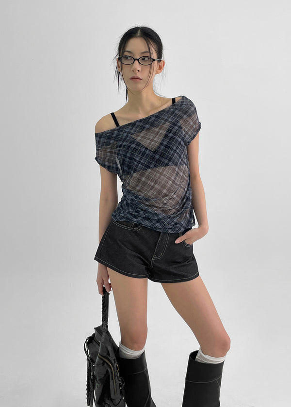 Canpol Drape Sheer Check Off-shoulder Top