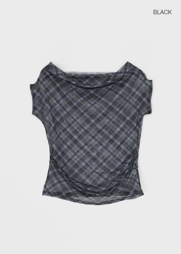 Canpol Drape Sheer Check Off-shoulder Top